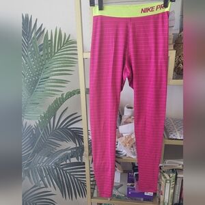 Nike Pro Pink and Lime/ Yellow Striped Dri-Fit Leggings - Women's Size Medium